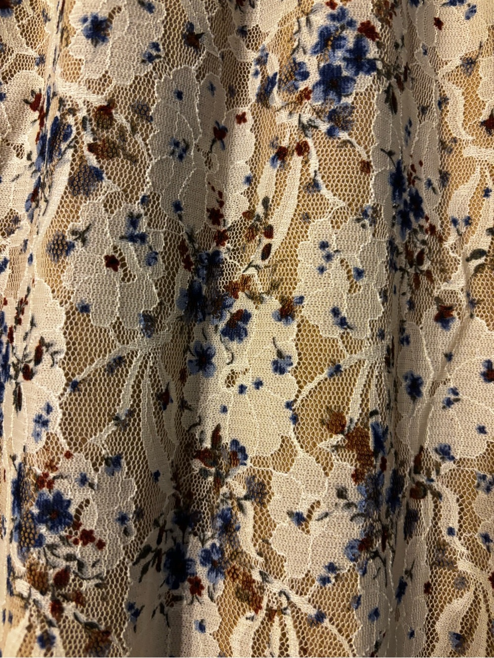 LuLaRoe Cream Lace Skirt with Blue and Brown Floral Print
